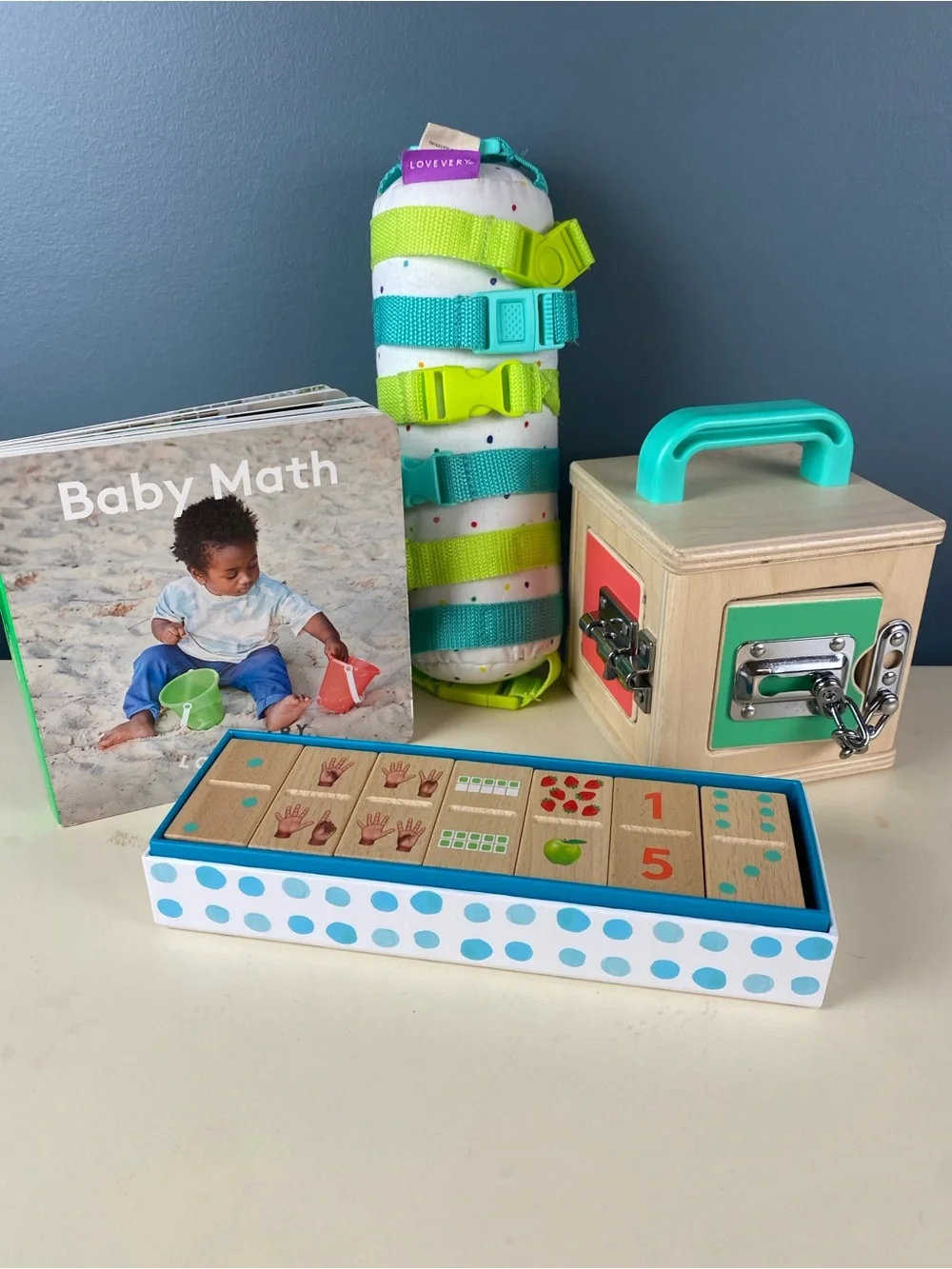 Lovevery toy Lot Buckle Barrel, Lockbox & Subitizing Dominoes, Baby Math Book